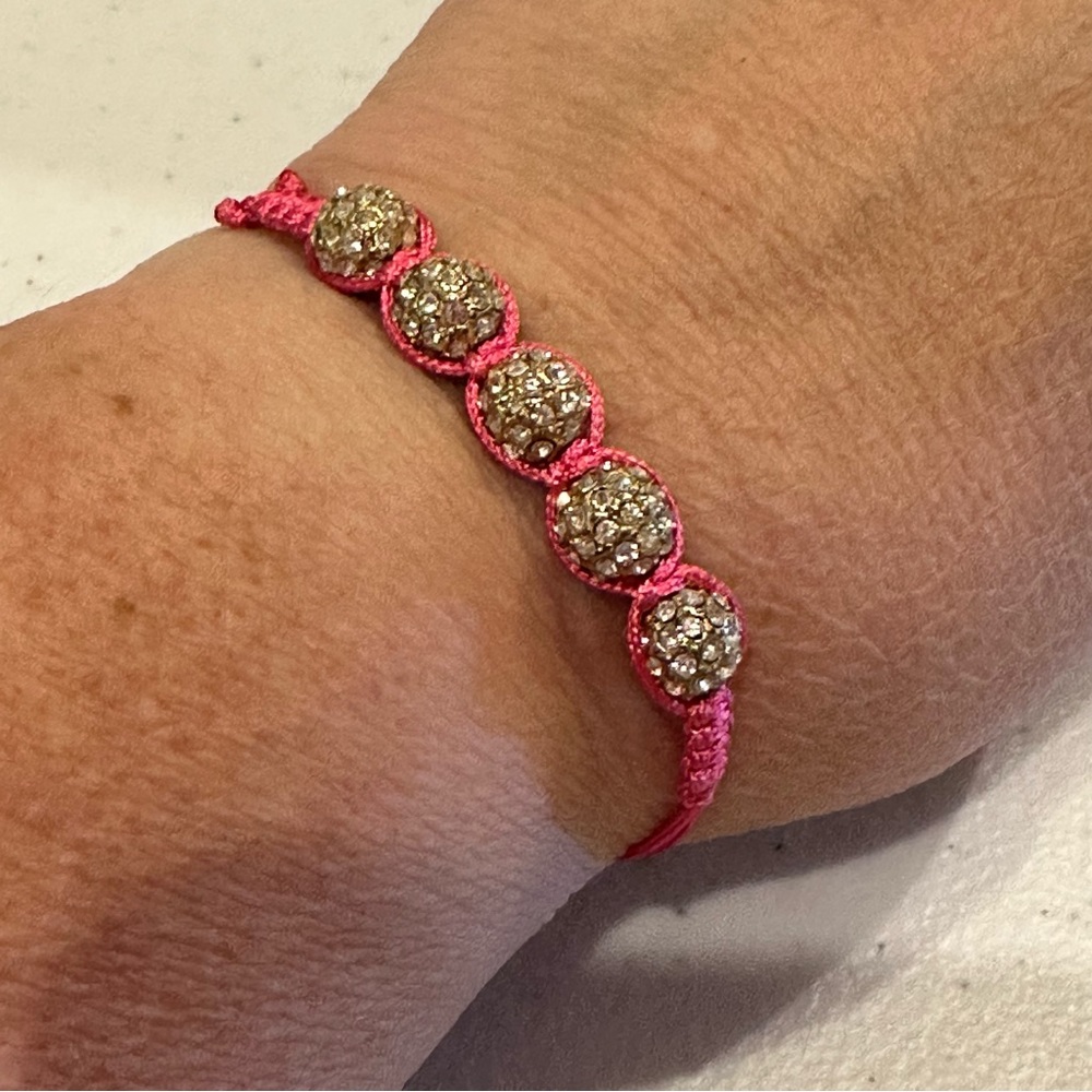 NWT J. Crew Bracelet - Pink string adjustable w/ clear rhinestone & gold beads